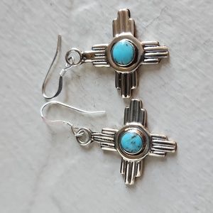 NWOT Native American Navajo Turquoise & Sterling Zia Sun Dangle Earrings 🩵🌞🩶